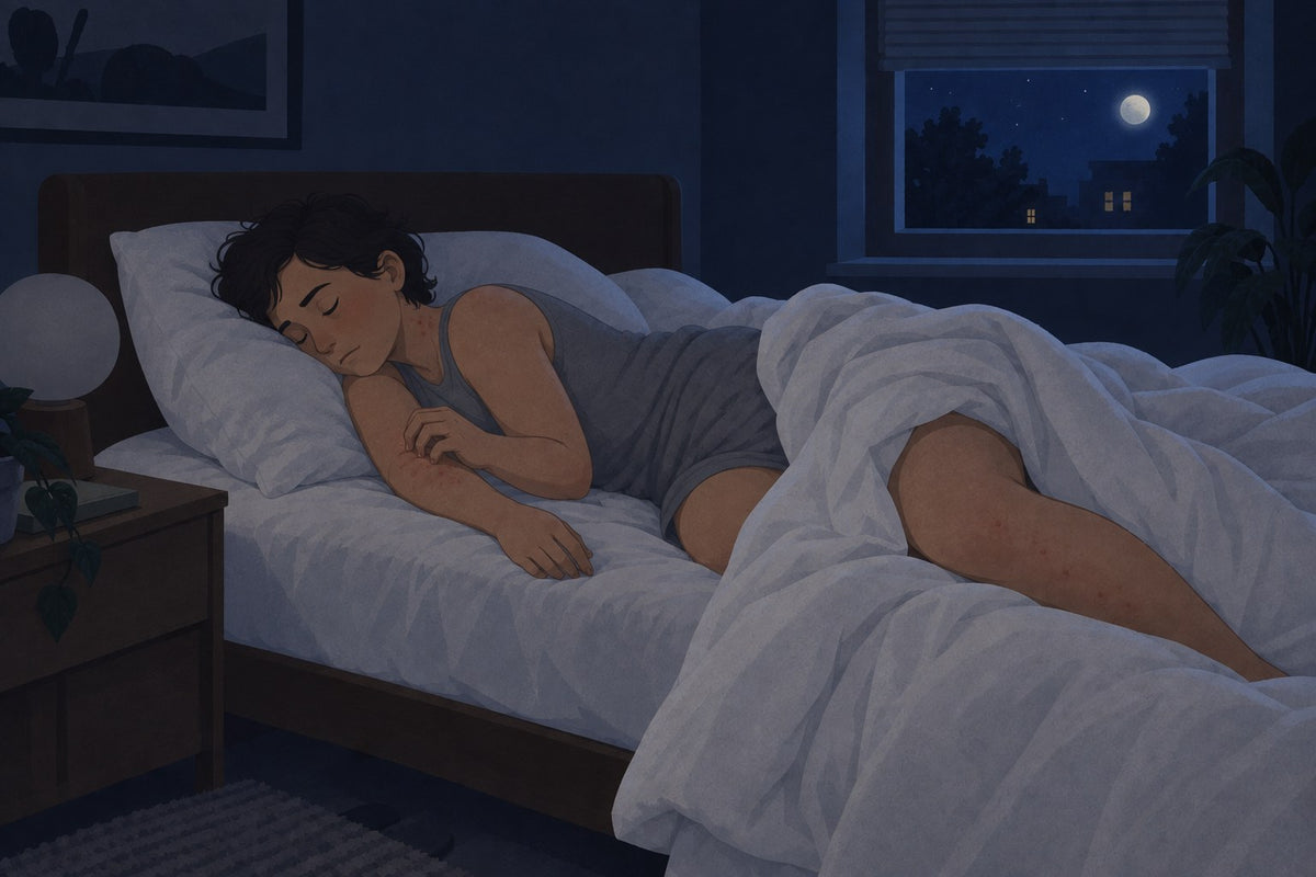 Illustration: asleep in the dark, one hand scratching the other arm