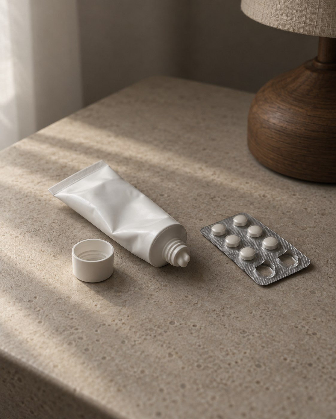 A tube of cream and a strip of pills on a nightstand