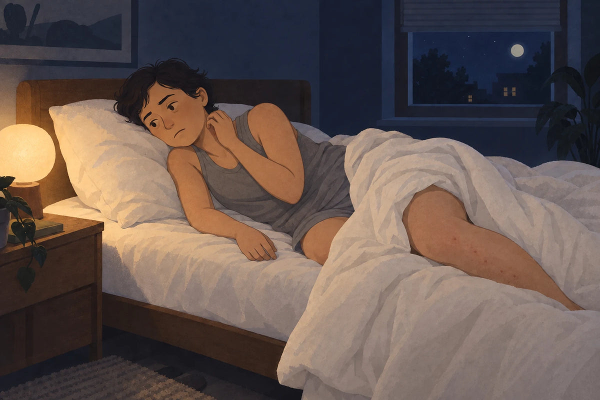 Illustration: lying in bed at night, scratching one spot, then another