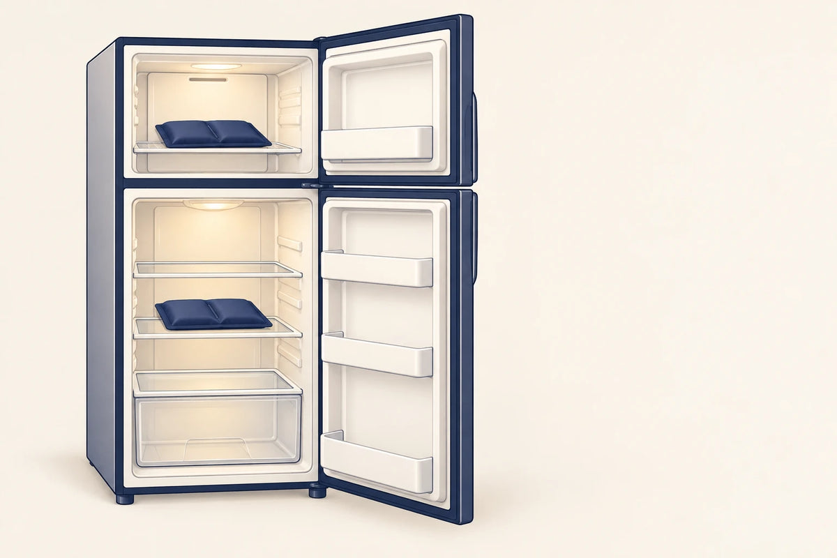 Freezer above, fridge below, with a cooling pack in each