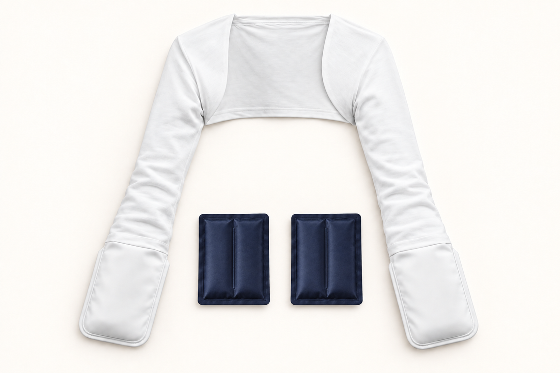 Product illustration: one white connected Noclen garment and two separate navy cooling packs.