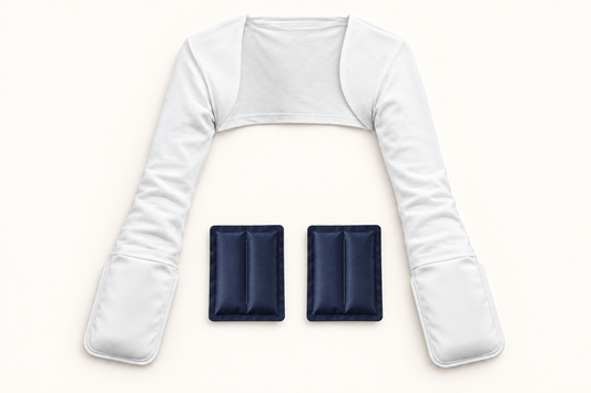 Product illustration: one white connected Noclen garment and two separate navy cooling packs.