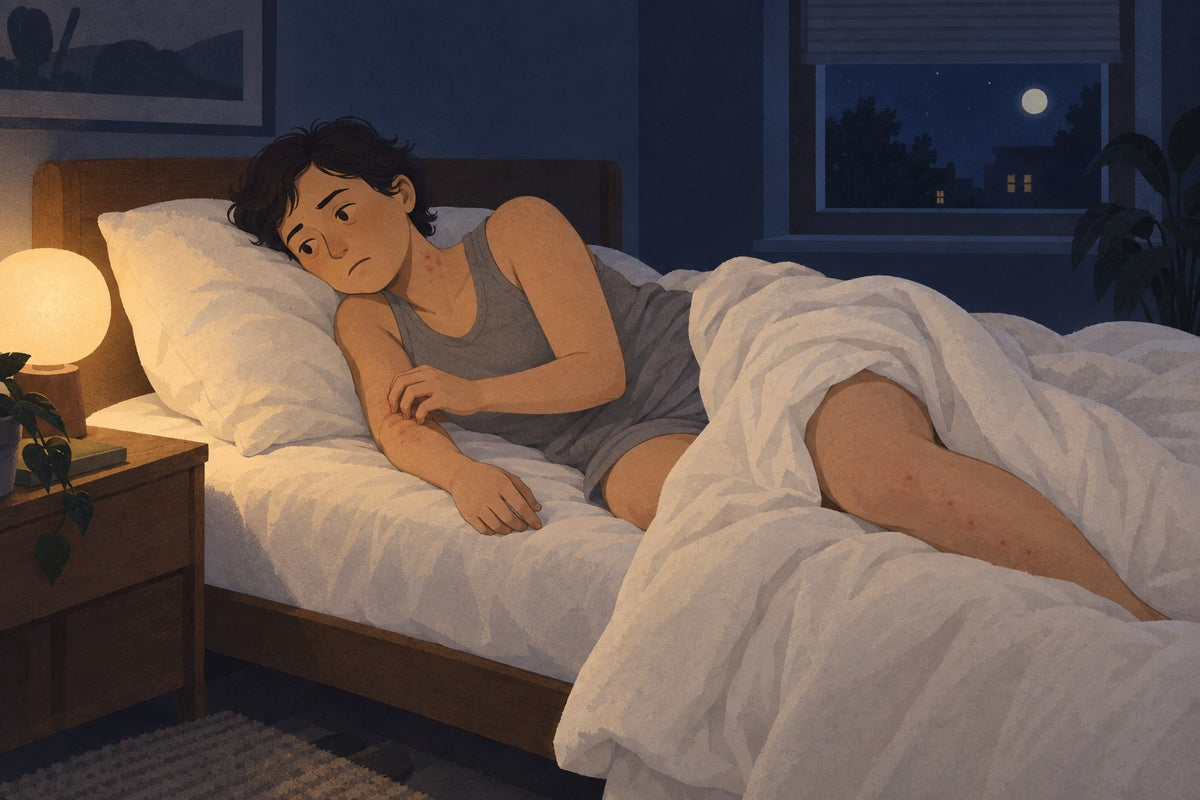 Illustration: lying in bed at night, scratching one spot, then another