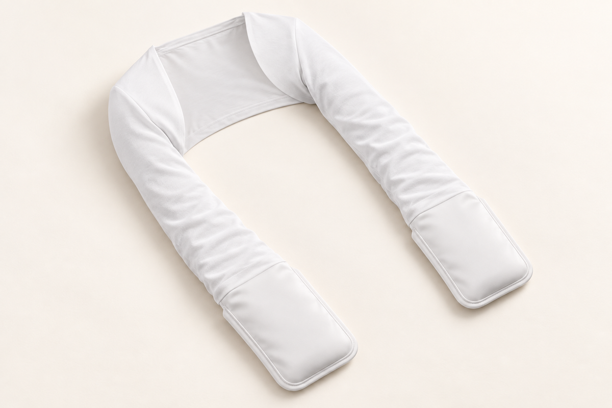 Noclen Solo: one soft white piece for both hands, joined across the back